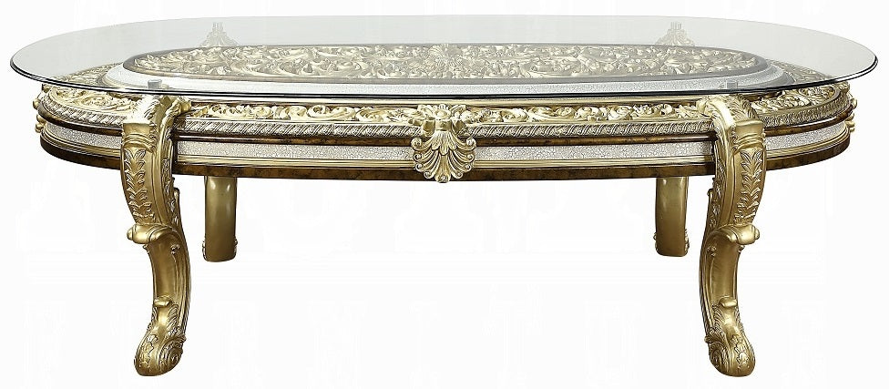 Acme DN60000-7PC 7 pc Astoria grand Desiderius antique gold finish wood 18th century french inspired baroque ornate 107" glass top dining table set