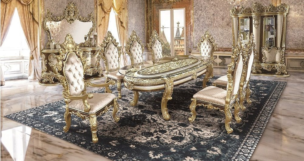 Acme DN60000-7PC 7 pc Astoria grand Desiderius antique gold finish wood 18th century french inspired baroque ornate 107" glass top dining table set