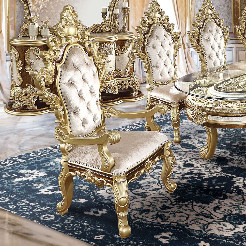 Acme DN60002 Set of 2 Desiderius antique gold finish wood 18th century french inspired baroque ornate high back throne dining arm chairs