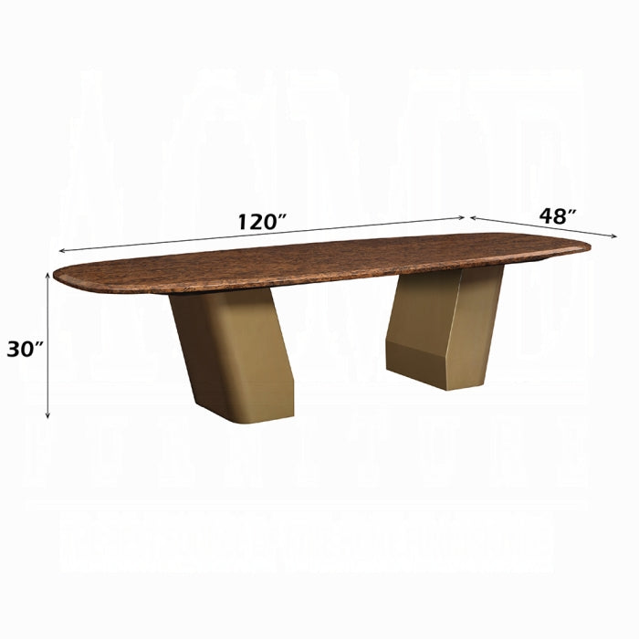 Acme DN60020-7PC 7 pc Jamonica wood grain finish top gold pedestal bases mid-century modern 120" dining table set