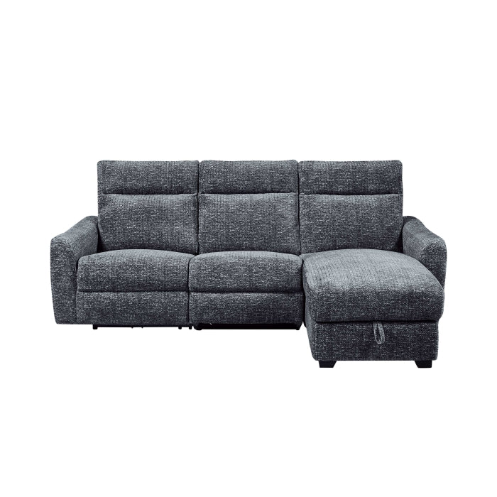 8292 2 pc Grey patterned fabric sectional sofa with LAF power recliner power headrest and RAF storage chaise