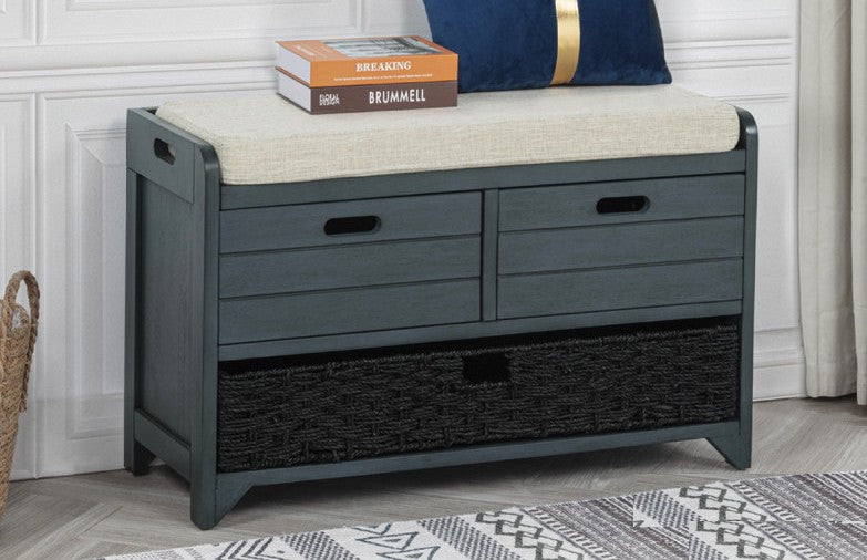Best Master Arianda 32" Navy Blue Wood Sofa Entry Bench with Drawers and Cushion – DP103NAB
