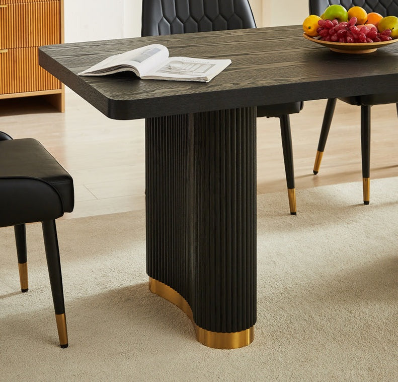 DT0227GB-5PC-BK 5 pc Anamra black finish wood 70" dining table set gold accents double pedestal black chairs