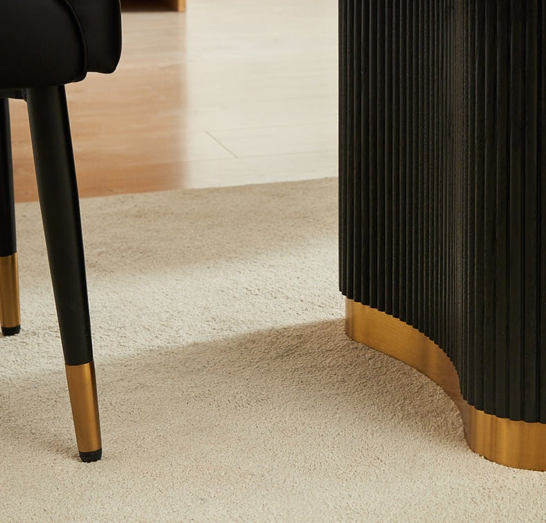 DT0227GB-5PC-BK 5 pc Anamra black finish wood 70" dining table set gold accents double pedestal black chairs