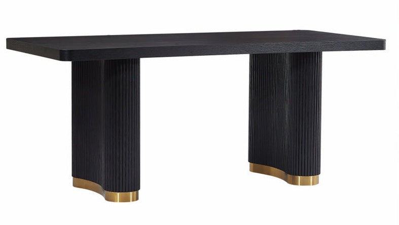 DT0227GB-5PC-BK 5 pc Anamra black finish wood 70" dining table set gold accents double pedestal black chairs