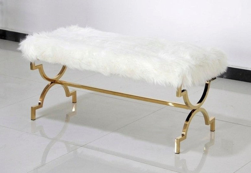 Best Master E08 Gold tone plated white faux fur bedroom entry bench