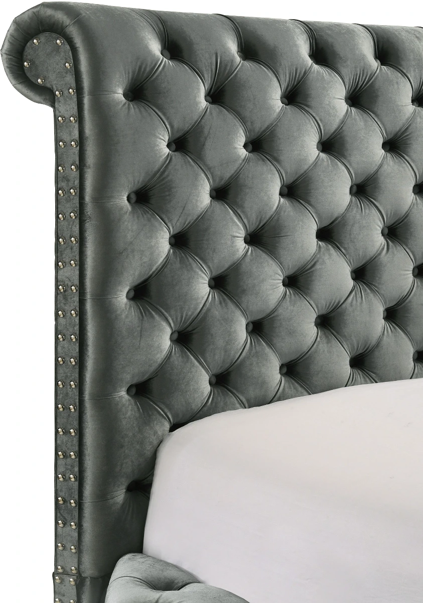 Crown Mark 5212GY Voltare grey velvet fabric tufted round queen storage bed with TV lift and built in LED Fireplace