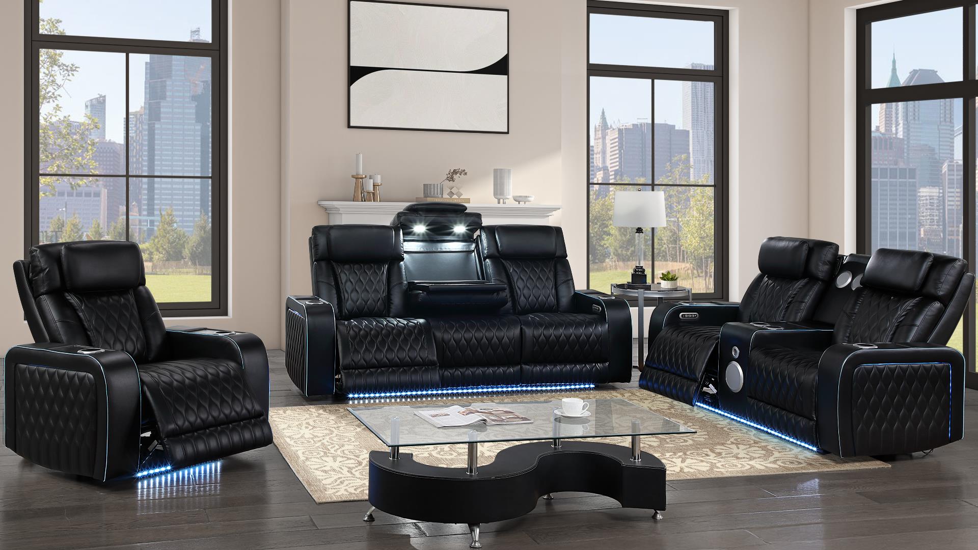 2 pc Electra black faux leather power motion sofa and love seat with massagers and LED , wireless charging, LEDS , cup holders