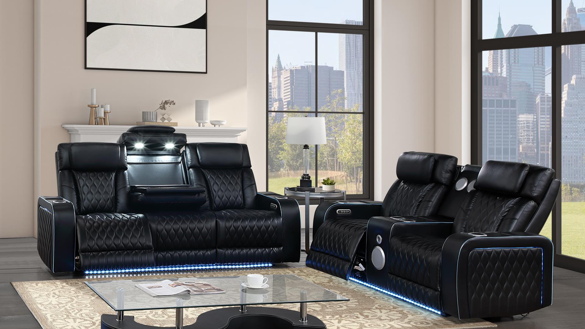 2 pc Electra black faux leather power motion sofa and love seat with massagers and LED , wireless charging, LEDS , cup holders