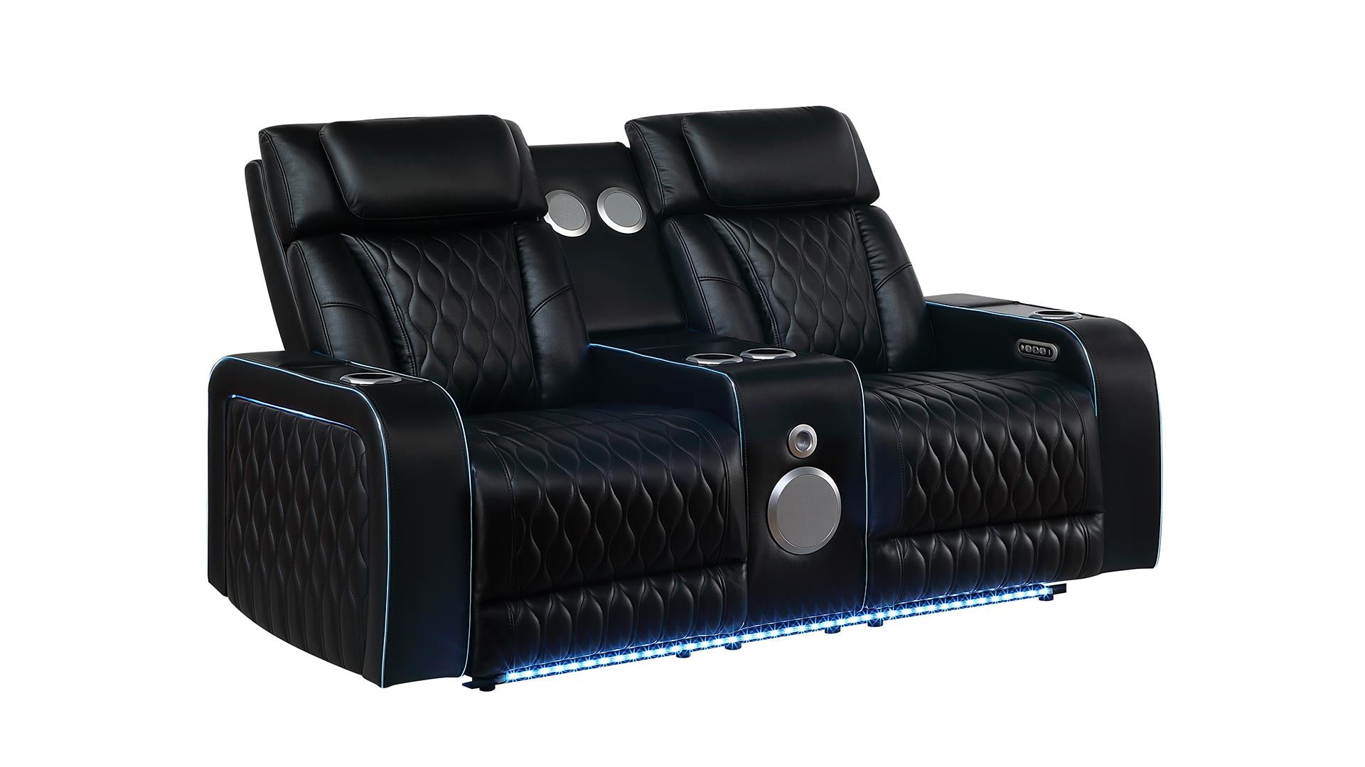 2 pc Electra black faux leather power motion sofa and love seat with massagers and LED , wireless charging, LEDS , cup holders