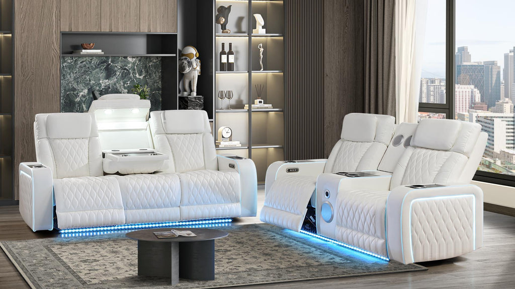 2 pc Electra white faux leather power motion sofa and love seat with massagers and LED , wireless charging, LEDS , cup holders