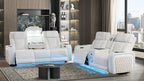 2 pc Electra white faux leather power motion sofa and love seat with massagers and LED , wireless charging, LEDS , cup holders
