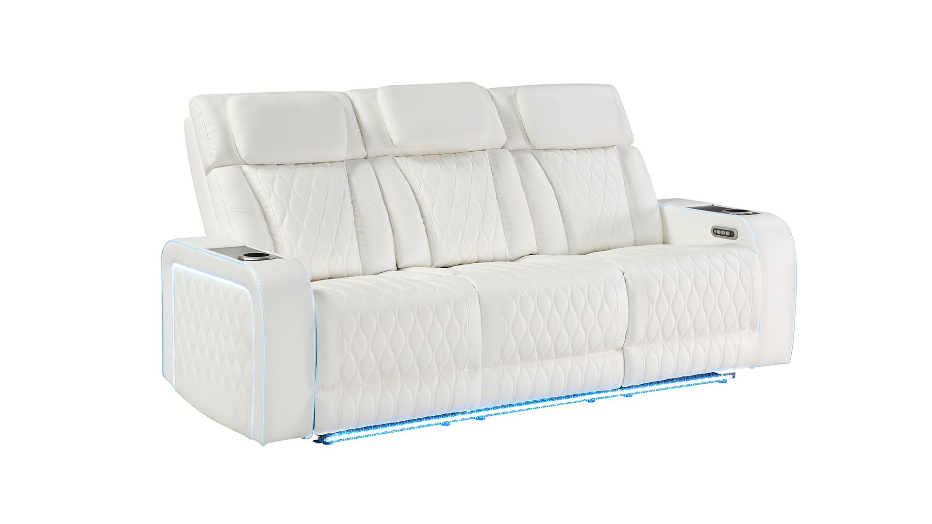 2 pc Electra white faux leather power motion sofa and love seat with massagers and LED , wireless charging, LEDS , cup holders