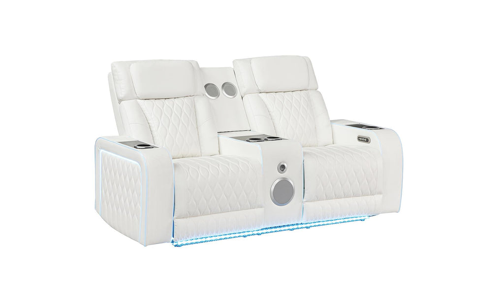 2 pc Electra white faux leather power motion sofa and love seat with massagers and LED , wireless charging, LEDS , cup holders