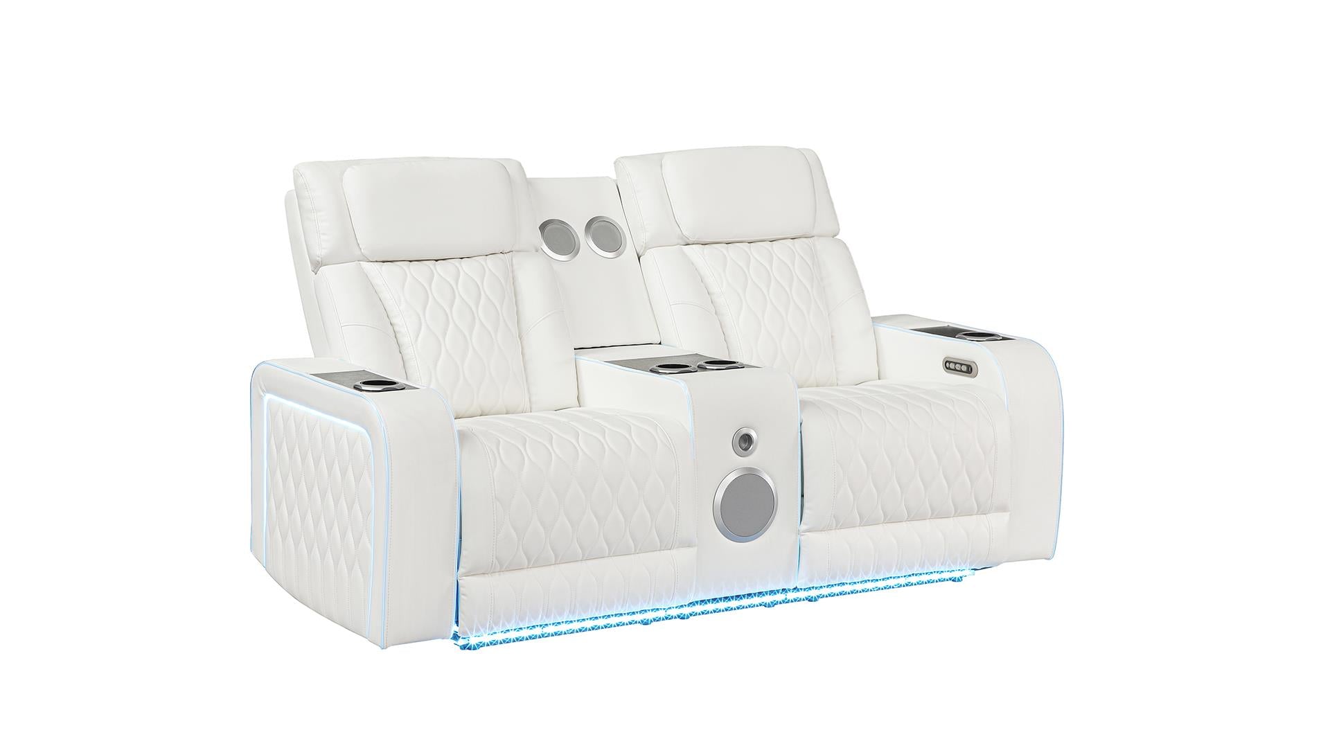 2 pc Electra white faux leather power motion sofa and love seat with massagers and LED , wireless charging, LEDS , cup holders