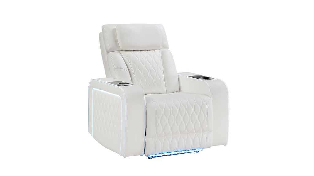 2 pc Electra white faux leather power motion sofa and love seat with massagers and LED , wireless charging, LEDS , cup holders