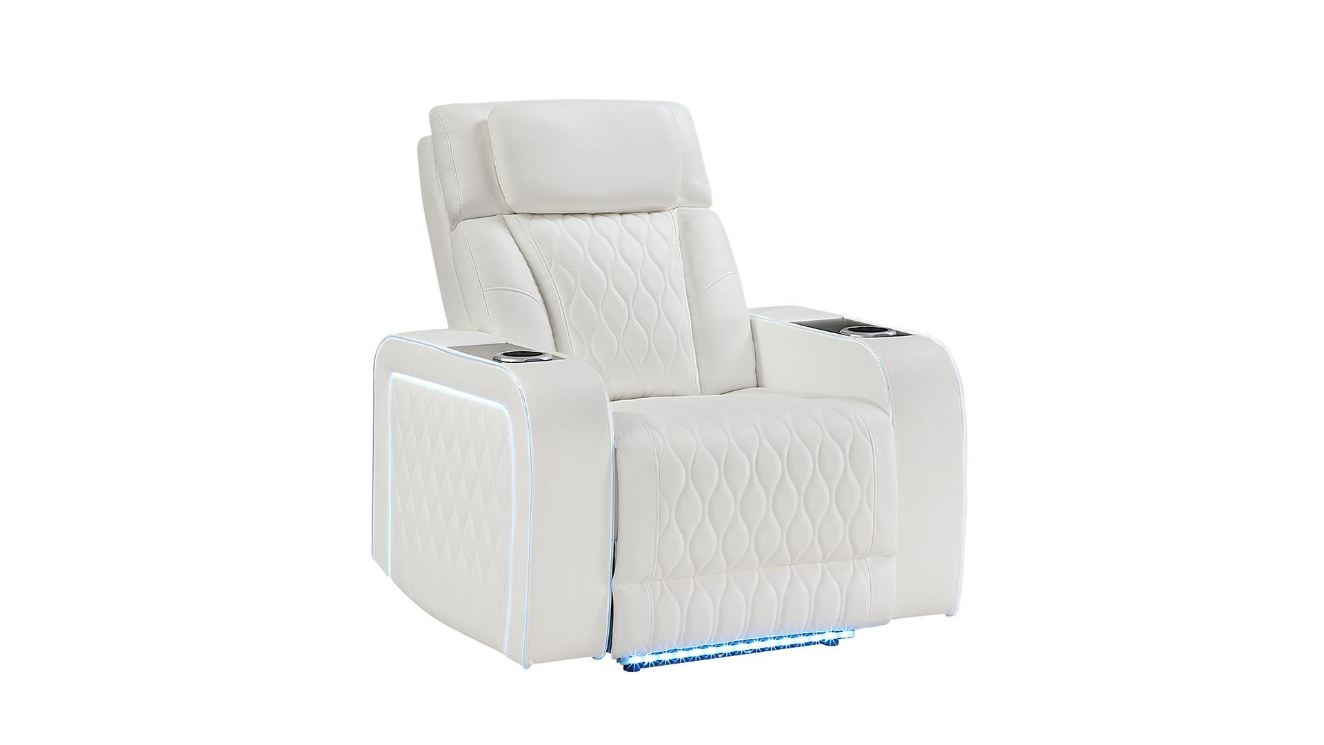 2 pc Electra white faux leather power motion sofa and love seat with massagers and LED , wireless charging, LEDS , cup holders
