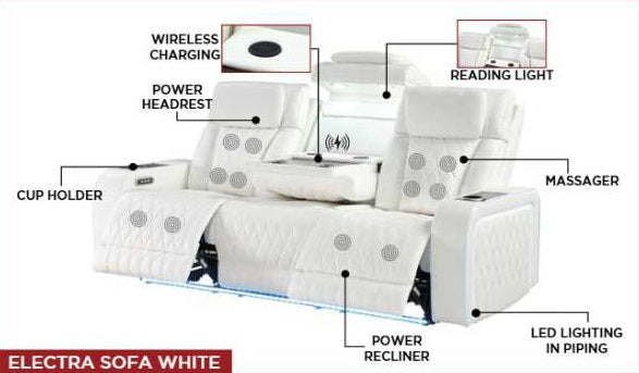 2 pc Electra white faux leather power motion sofa and love seat with massagers and LED , wireless charging, LEDS , cup holders