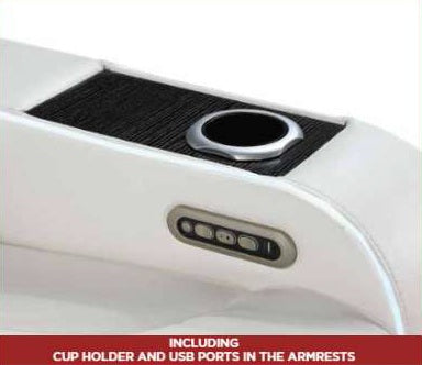 2 pc Electra white faux leather power motion sofa and love seat with massagers and LED , wireless charging, LEDS , cup holders