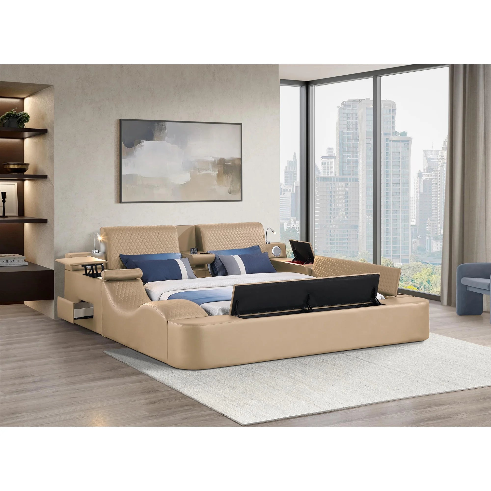 Zoya Caramel Faux Leather Modern Queen Bed with Massage Lounge, Bluetooth Speakers & Reading Lights