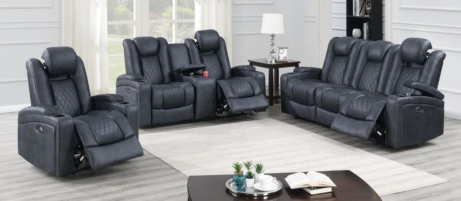 Poundex F86329-28 2 pc ink blue gel leatherette diamond pattern sofa and love seat set with power motion recliner ends and USB ports
