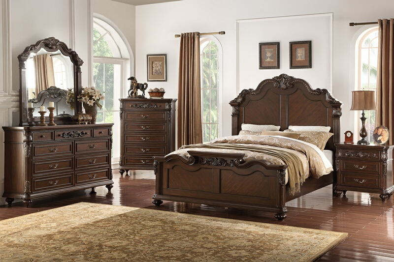 Poundex F9385Q 4 pc Palisades II dark brown finish wood carved headboard queen bedroom set