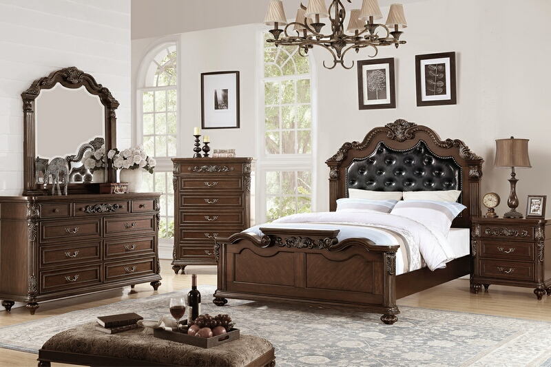 Poundex F9386Q 4 pc Palisades II dark brown finish wood with tufted headboard queen bedroom set