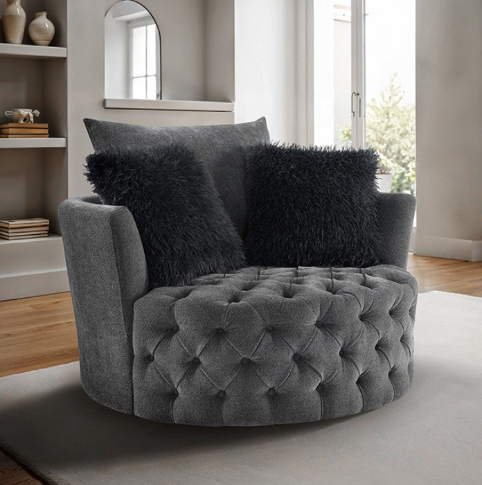 FM-AC6000DG Sofi dark grey tufted fabric accent chair curved back swivel chair with throw pillows