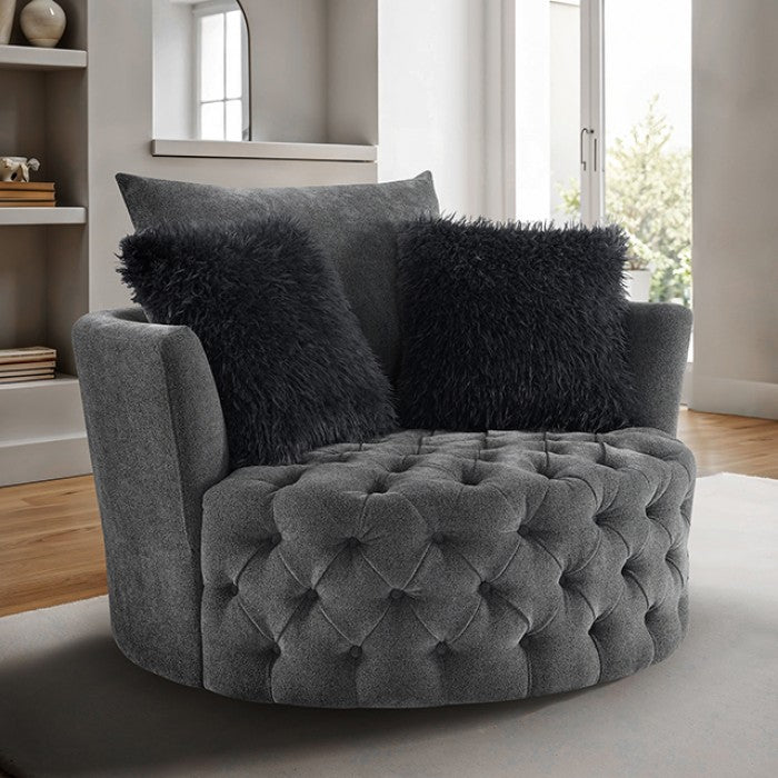 FM-AC6000DG Sofi dark grey tufted fabric accent chair curved back swivel chair with throw pillows