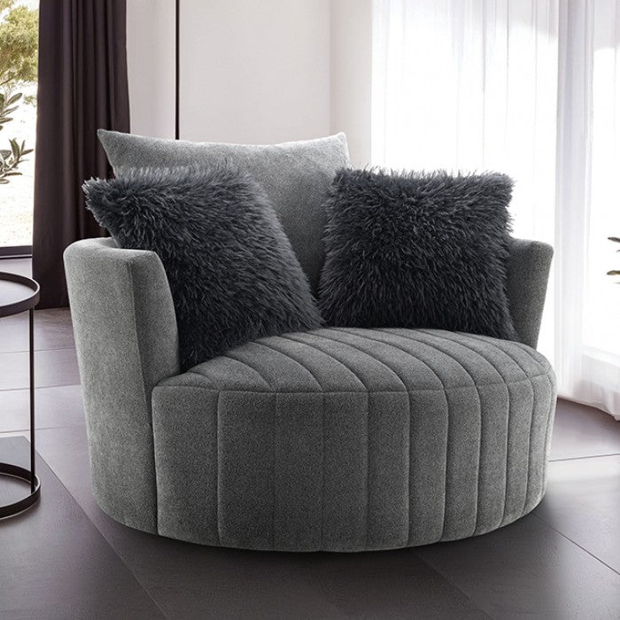 FM-AC6001DG Hoople dark grey channel tufted fabric accent chair curved back swivel chair with throw pillows