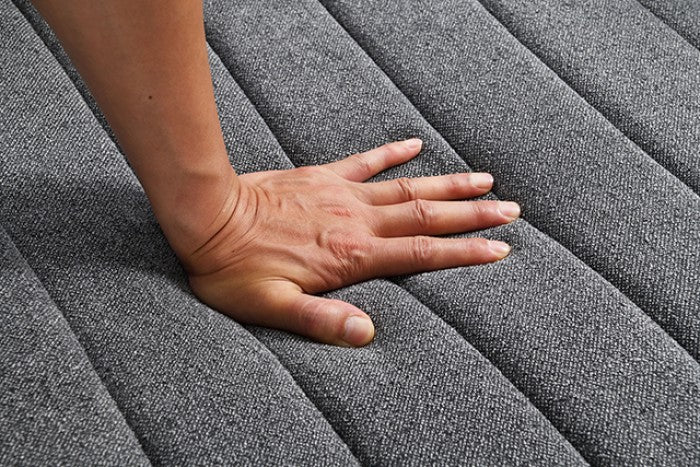 FM-AC6001DG Hoople dark grey channel tufted fabric accent chair curved back swivel chair with throw pillows