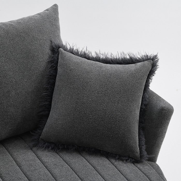 FM-AC6001DG Hoople dark grey channel tufted fabric accent chair curved back swivel chair with throw pillows