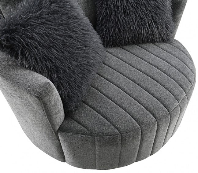 FM-AC6001DG Hoople dark grey channel tufted fabric accent chair curved back swivel chair with throw pillows