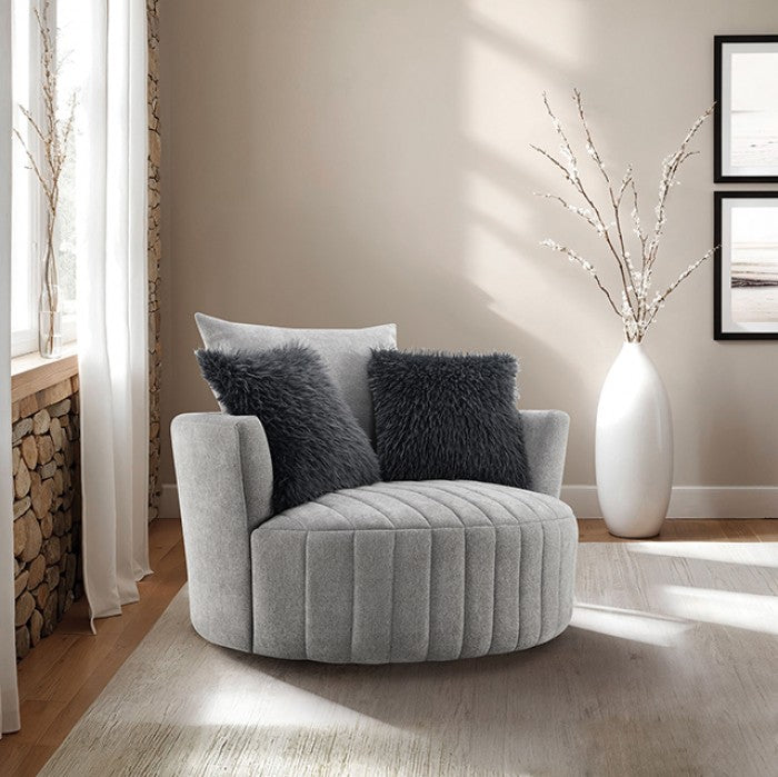 FM-AC6001LG Hoople light grey channel tufted fabric accent chair curved back swivel chair with throw pillows