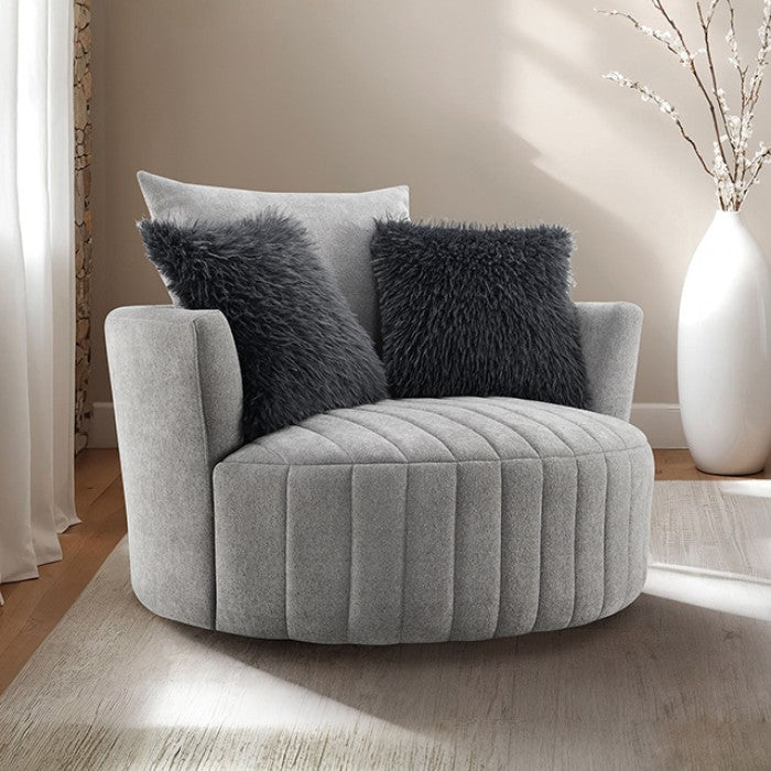 FM-AC6001LG Hoople light grey channel tufted fabric accent chair curved back swivel chair with throw pillows