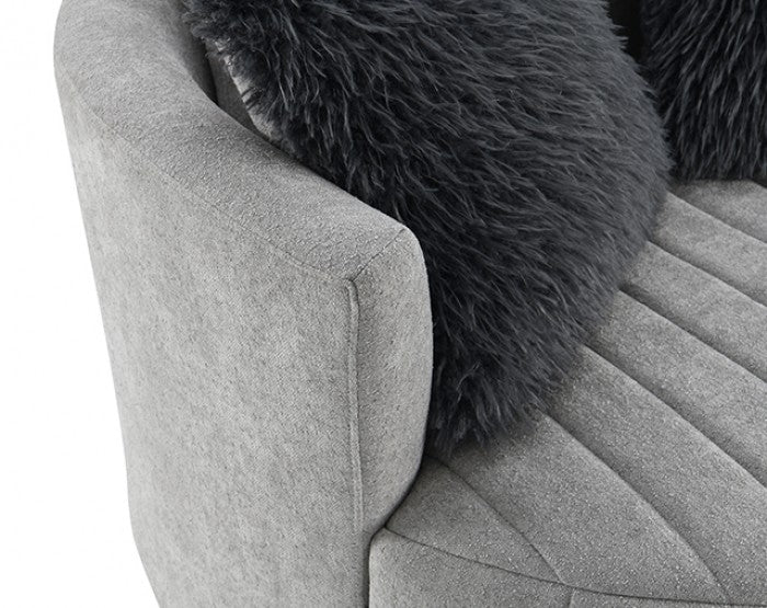 FM-AC6001LG Hoople light grey channel tufted fabric accent chair curved back swivel chair with throw pillows
