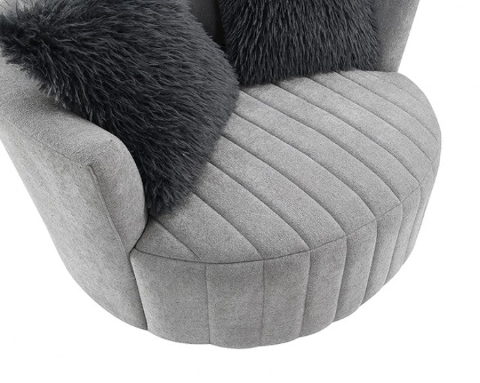 FM-AC6001LG Hoople light grey channel tufted fabric accent chair curved back swivel chair with throw pillows
