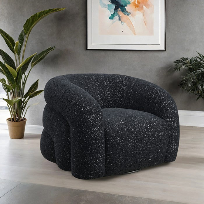 FM-AC6003BK Freja black boucle chenille fabric accent chair channel curved back swivel chair