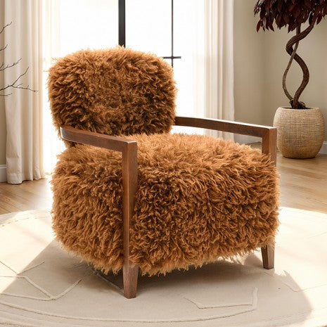 FM-AC6005BR Eramo camel brown furry fabric yeti accent chair dark walnut exposed wood arms