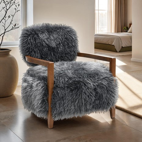 FM-AC6005DG Eramo charcoal grey furry fabric yeti accent chair dark walnut exposed wood arm