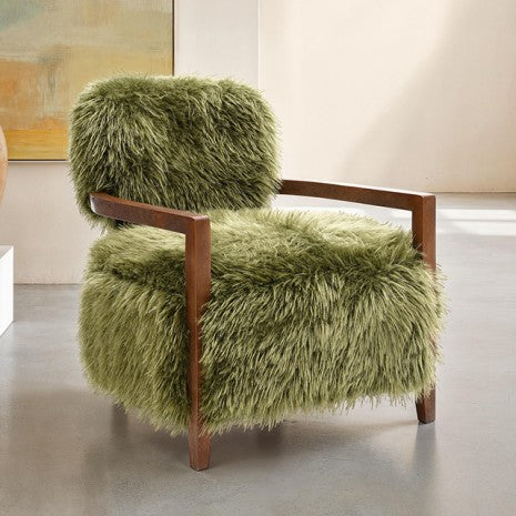 FM-AC6005GR Eramo green furry fabric yeti accent chair dark walnut exposed wood arms