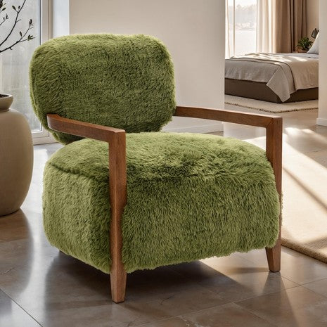 FM-AC6005GR-S Eramo green short furry fabric yeti accent chair dark walnut exposed wood arms