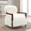 FM-AC6005WH Eramo white furry fabric yeti accent chair dark walnut exposed wood arms