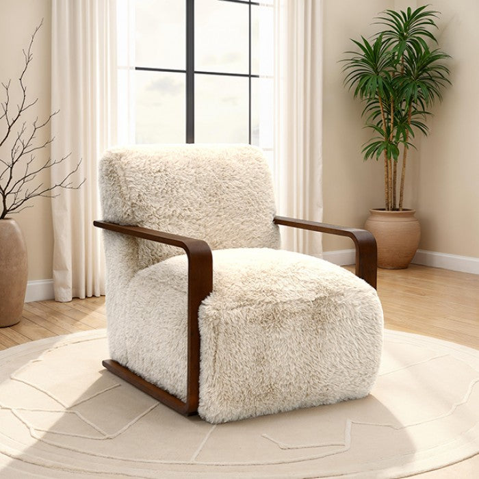 FM-AC6006BG Elardo sand short haired fabric yeti accent chair dark walnut exposed wood arms
