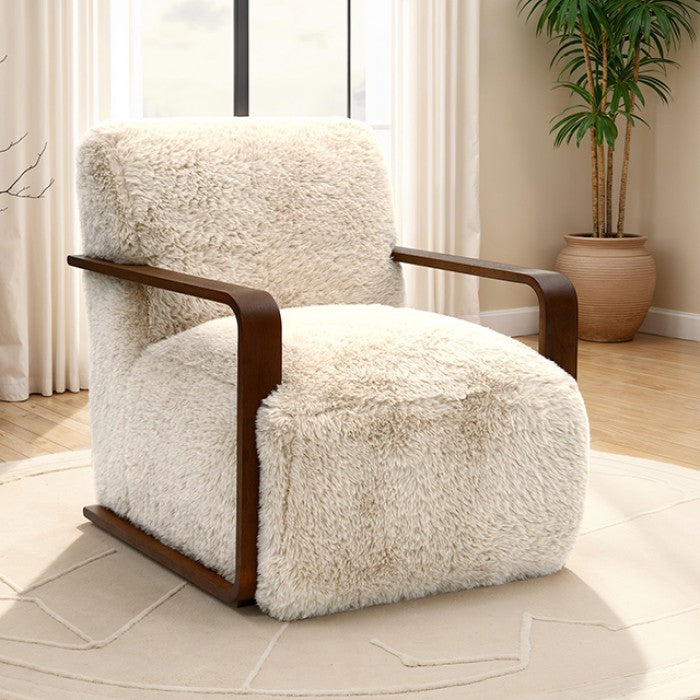 FM-AC6006BG Elardo sand short haired fabric yeti accent chair dark walnut exposed wood arms