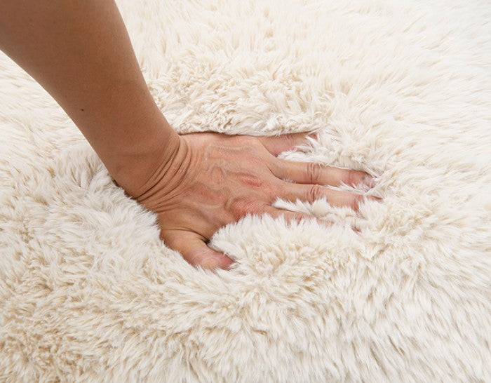 FM-AC6006BG Elardo sand short haired fabric yeti accent chair dark walnut exposed wood arms