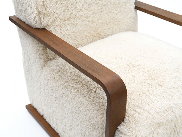 FM-AC6006BG Elardo sand short haired fabric yeti accent chair dark walnut exposed wood arms