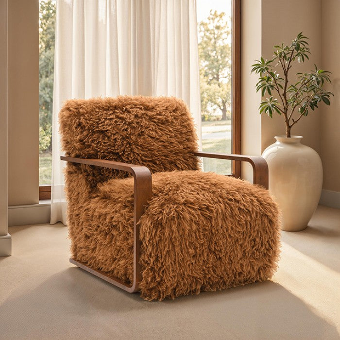 FM-AC6006BR Elardo camel brown furry fabric yeti accent chair dark walnut exposed wood arms