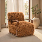 FM-AC6006BR Elardo camel brown furry fabric yeti accent chair dark walnut exposed wood arms