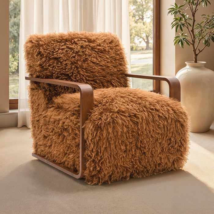 FM-AC6006BR Elardo camel brown furry fabric yeti accent chair dark walnut exposed wood arms